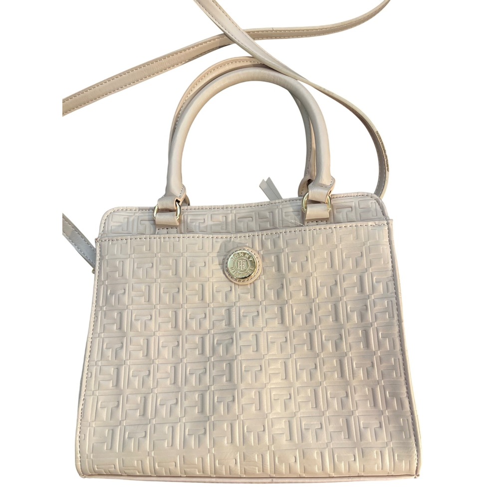 TommyHilfiger Embossed Monogram Tote BagConvertible Shoulder Strap Gold Hardware
